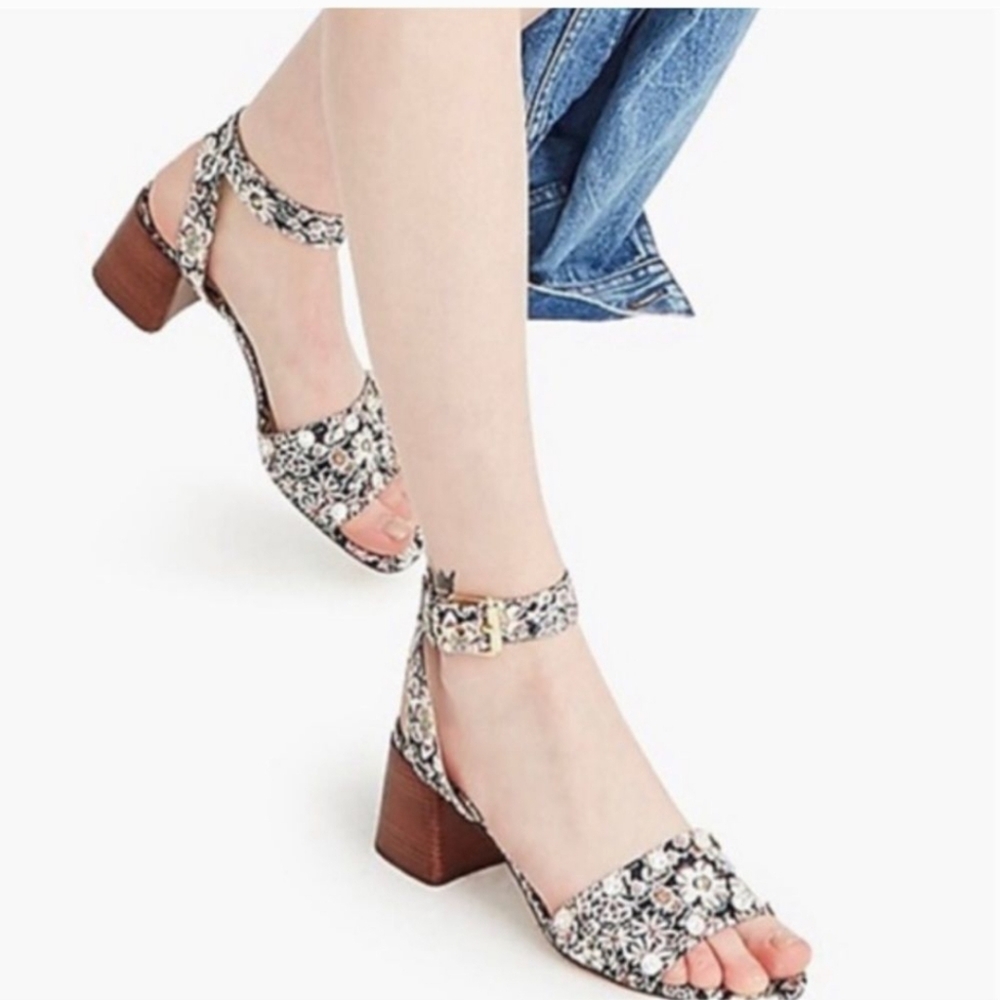 J Crew Penny Liberty Floral Rhinestone Jeweled Block Heel Sandals 9.5
